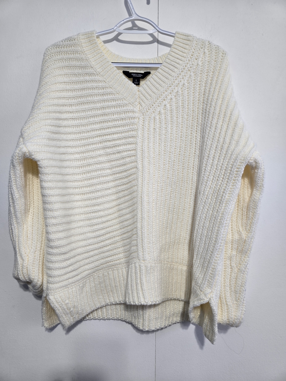 Simply Vera Wang Cream Chunky Knit Sweater Large Oversized Ribbed Cozy Pullover